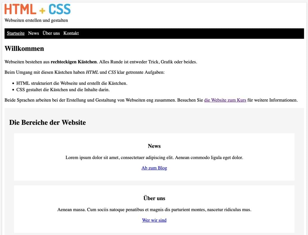 Die Desktop-Version der Übungswebsite am Ende von Teil 1: HTML (mit einer Prise CSS)