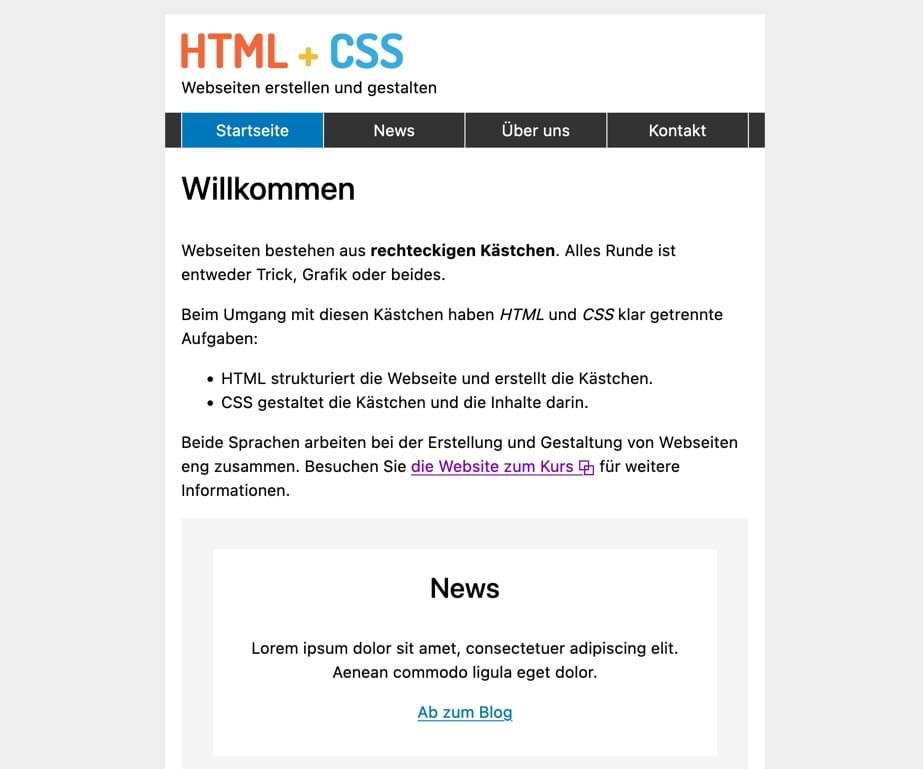 Die Desktop-Version der Übungswebsite am Ende von Teil 2: CSS-Grundlagen