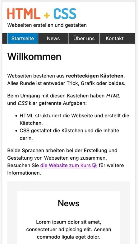 Die mobile Version der Übungswebsite am Ende von Teil 2: CSS-Grundlagen