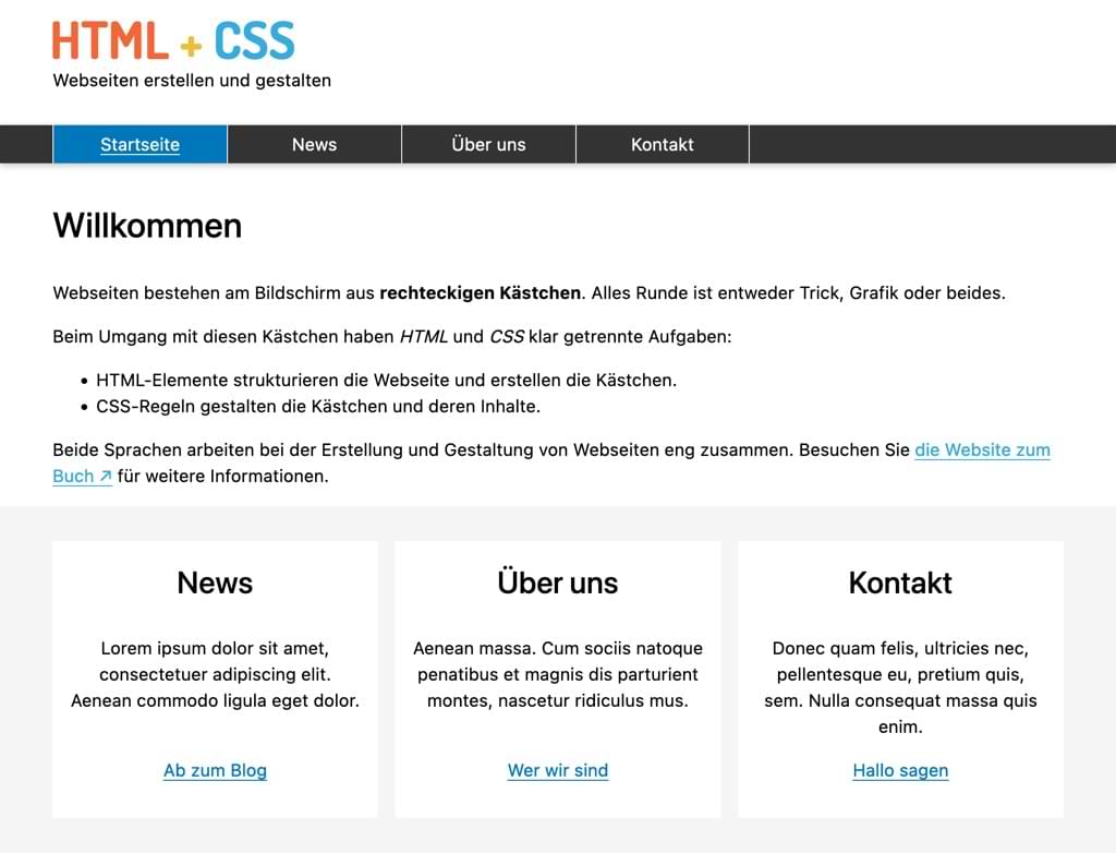 Die Desktop-Version der Übungswebsite am Ende von Teil 3: CSS-Layout